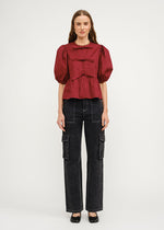 Norah Poplin Tie Puff-Sleeve Top - Burgundy