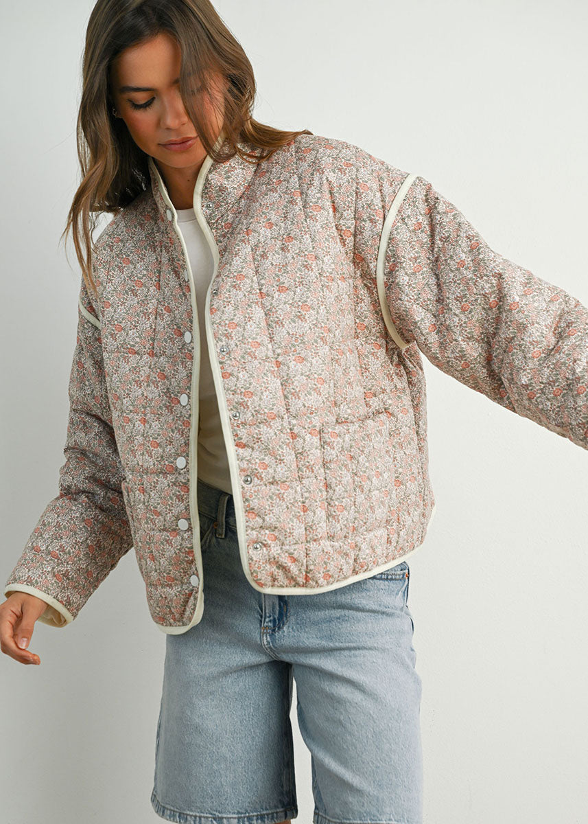Kenna Floral Quilted Jacket - Mauve Ivory