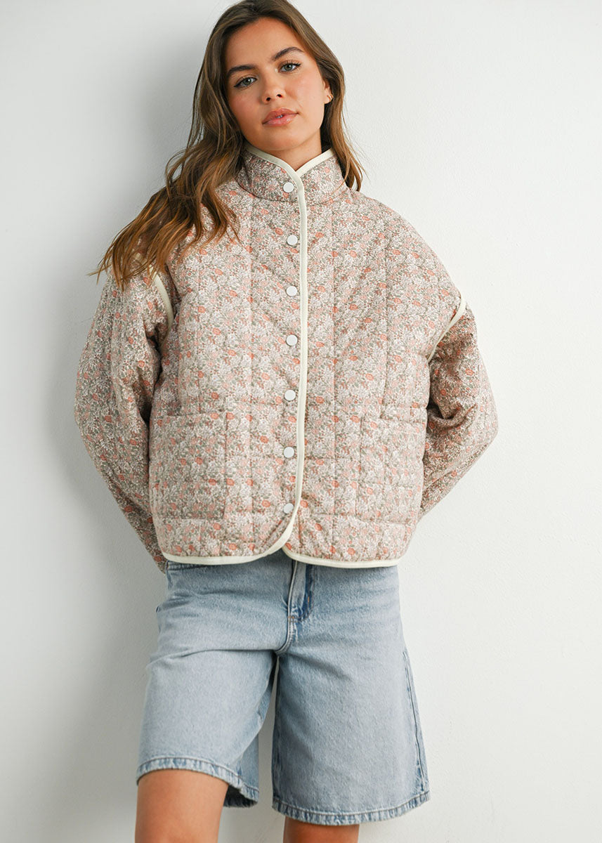 Kenna Floral Quilted Jacket - Mauve Ivory