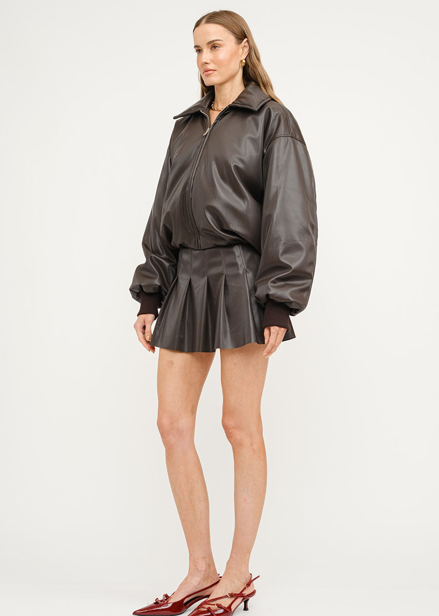 Karina Vegan Leather Bomber Jacket - Dark Brown