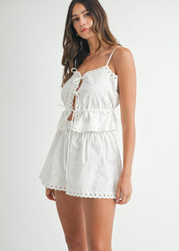 Leander Embroidered Crop Tie Top & Shorts Set - Off-White