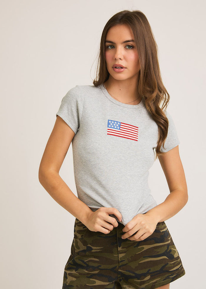 Embroidered Flag Tee - Heather Grey