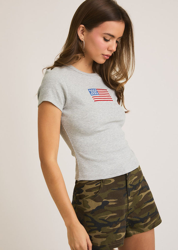 Embroidered Flag Tee - Heather Grey