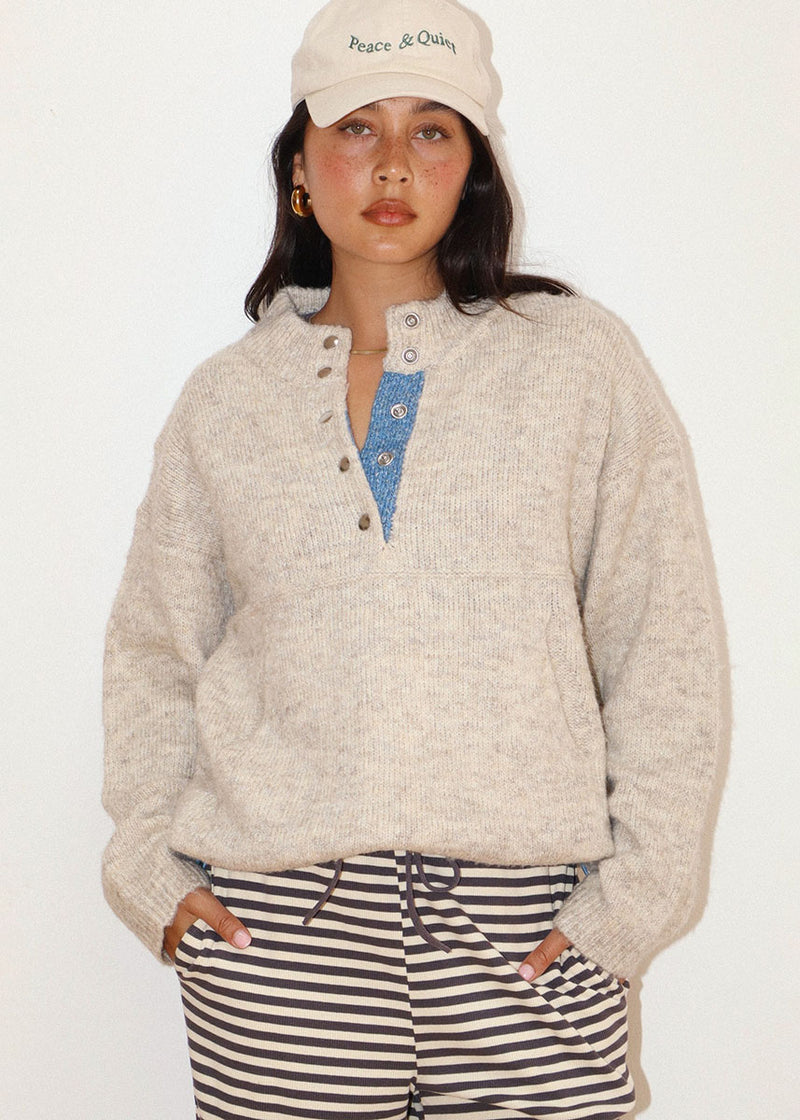 Wallis Two-Tone Snap Collar Sweater - Oatmeal