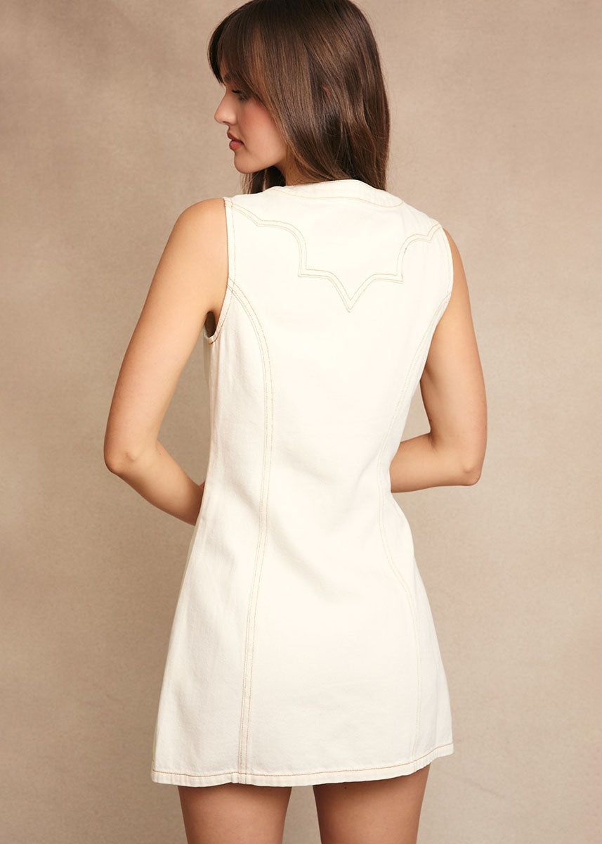 Bowen Stitch Detail Button-Down Mini Dress - Cream