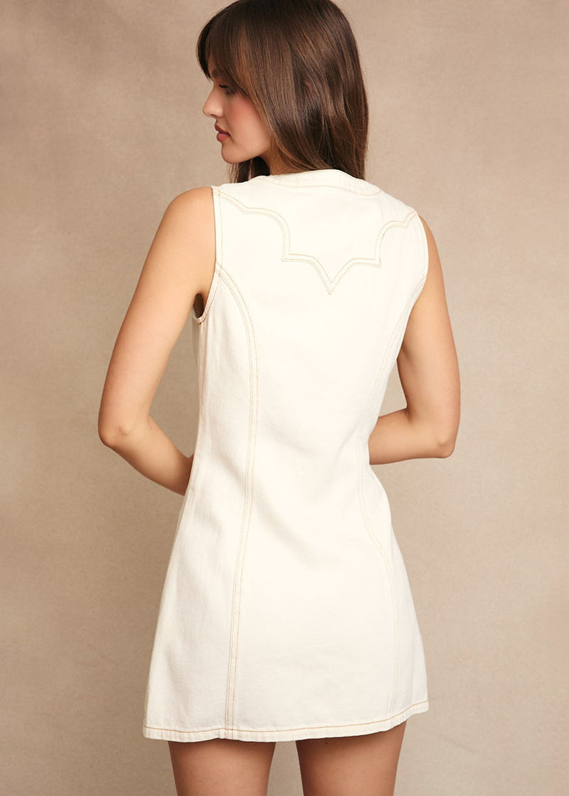 Bowen Stitch Detail Button-Down Mini Dress - Cream