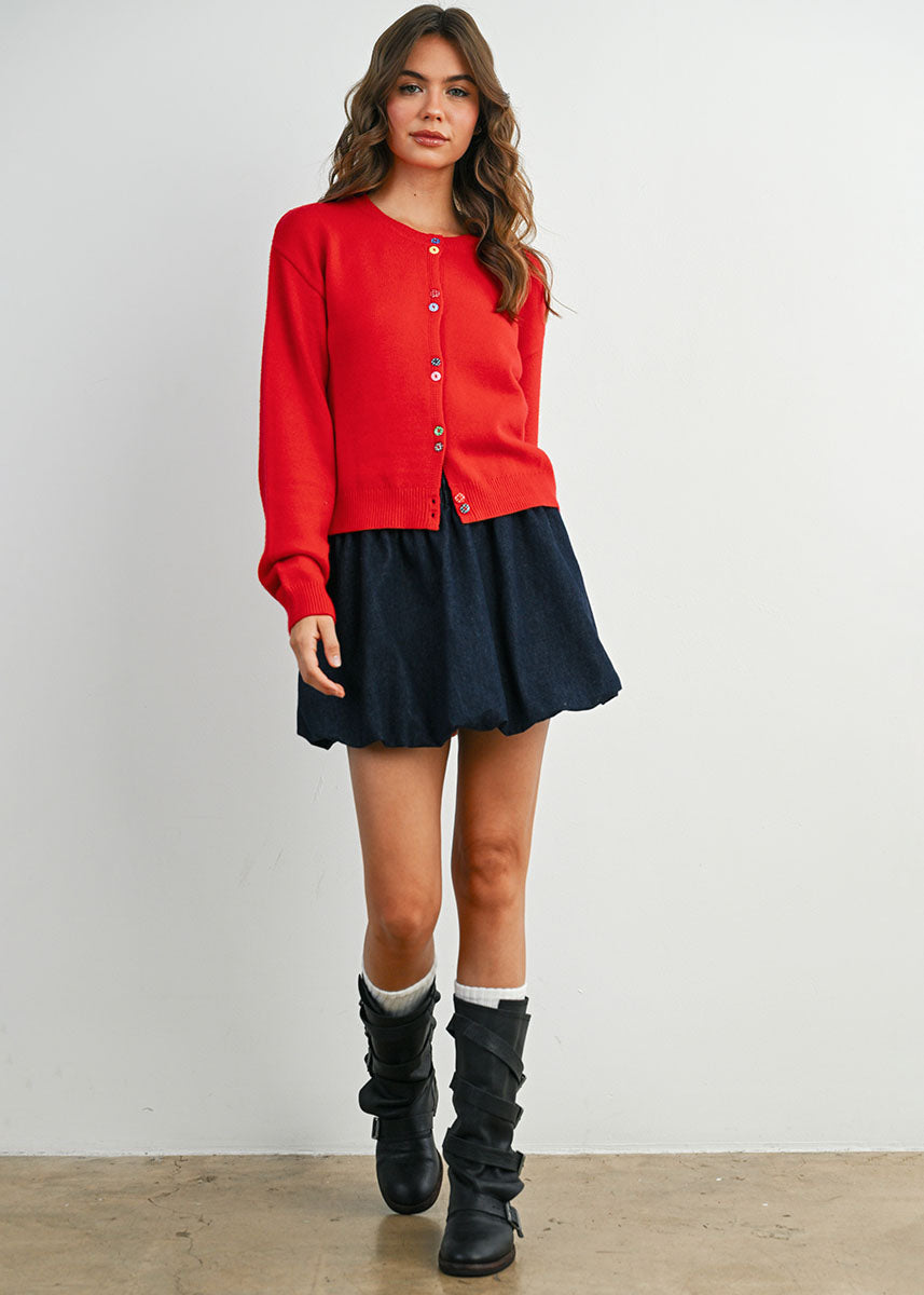 Paulie Fancy Button Cropped Cardigan - Red