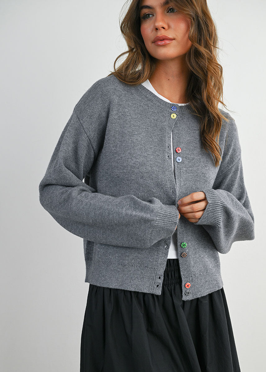 Paulie Fancy Button Cropped Cardigan - Grey