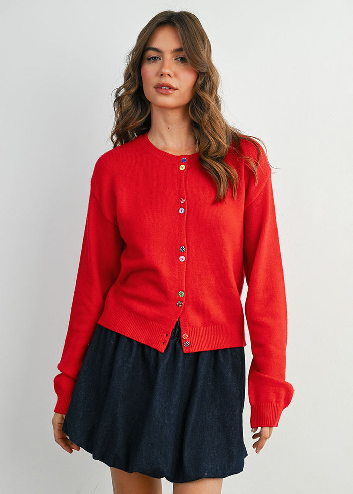 Paulie Fancy Button Cropped Cardigan - Red