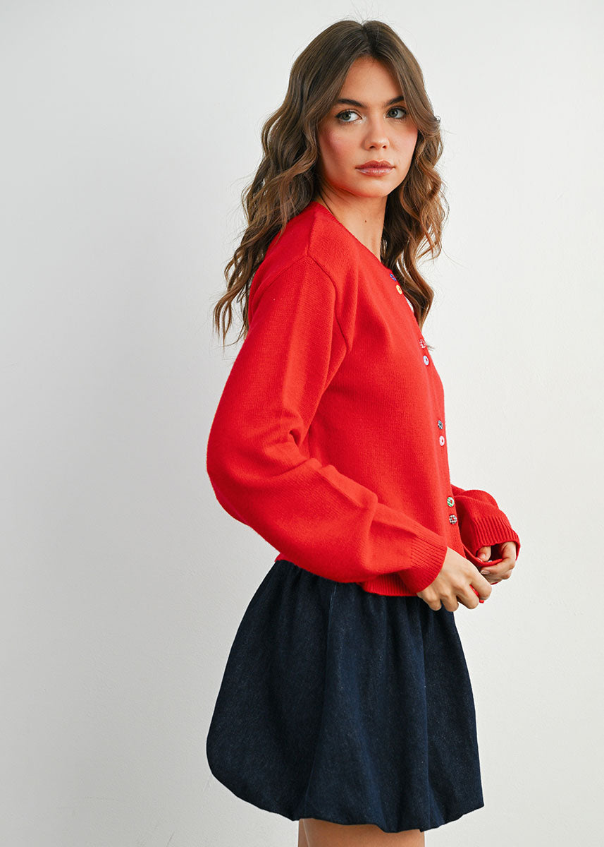 Paulie Fancy Button Cropped Cardigan - Red
