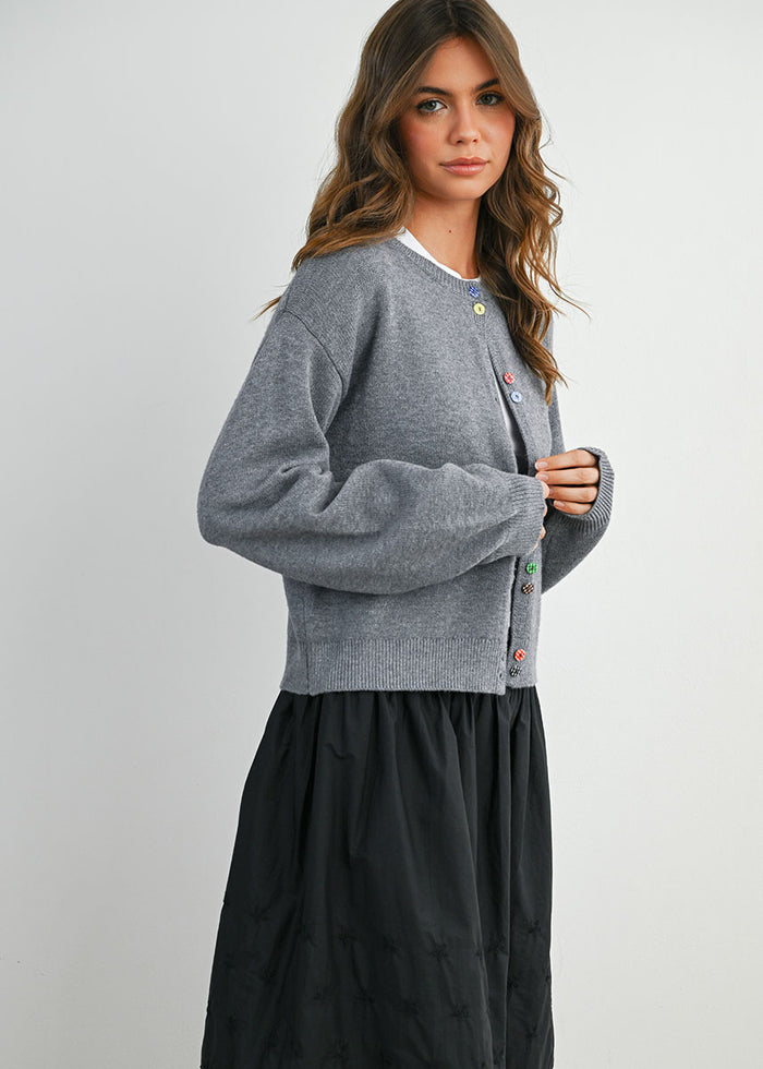 Paulie Fancy Button Cropped Cardigan - Grey