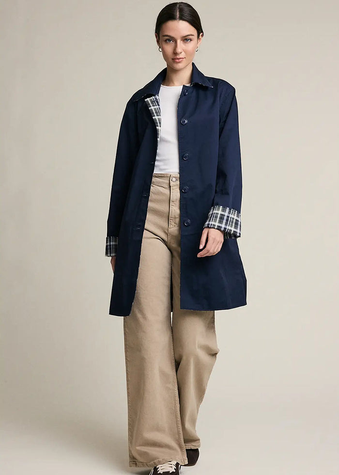Waldorf Reversible Plaid Trench Jacket - Navy
