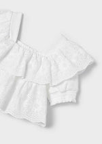 Carmen Girls Ruffled Embroidered Top - White