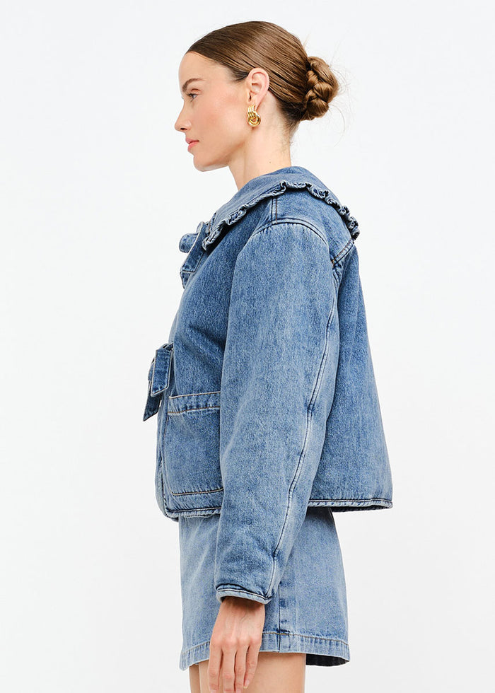 Kensie Ruffle Tie Jacket - Denim