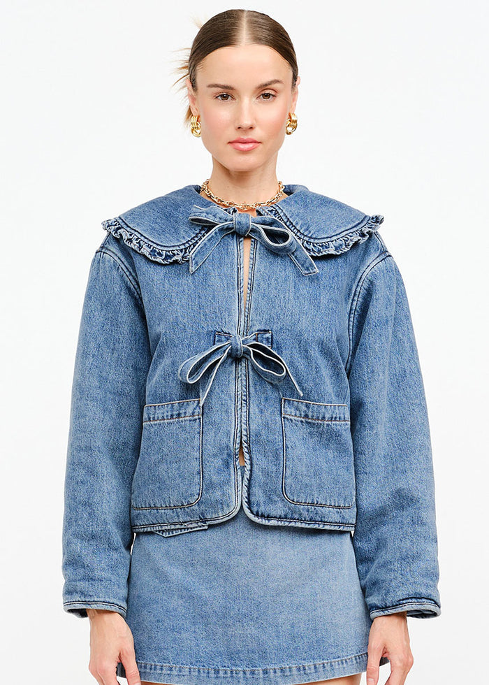 Kensie Ruffle Tie Jacket - Denim