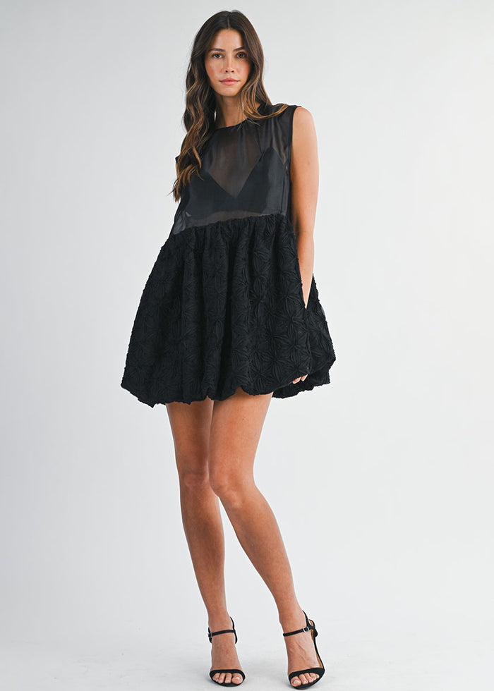 Sophia 3D Floral Mini Dress & Bralette Set - Black