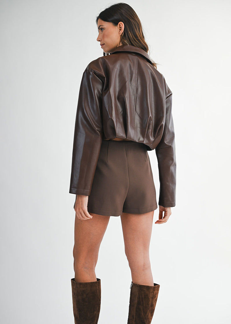 Charlie Pleated Cropped Jacket - Chocolate Brown