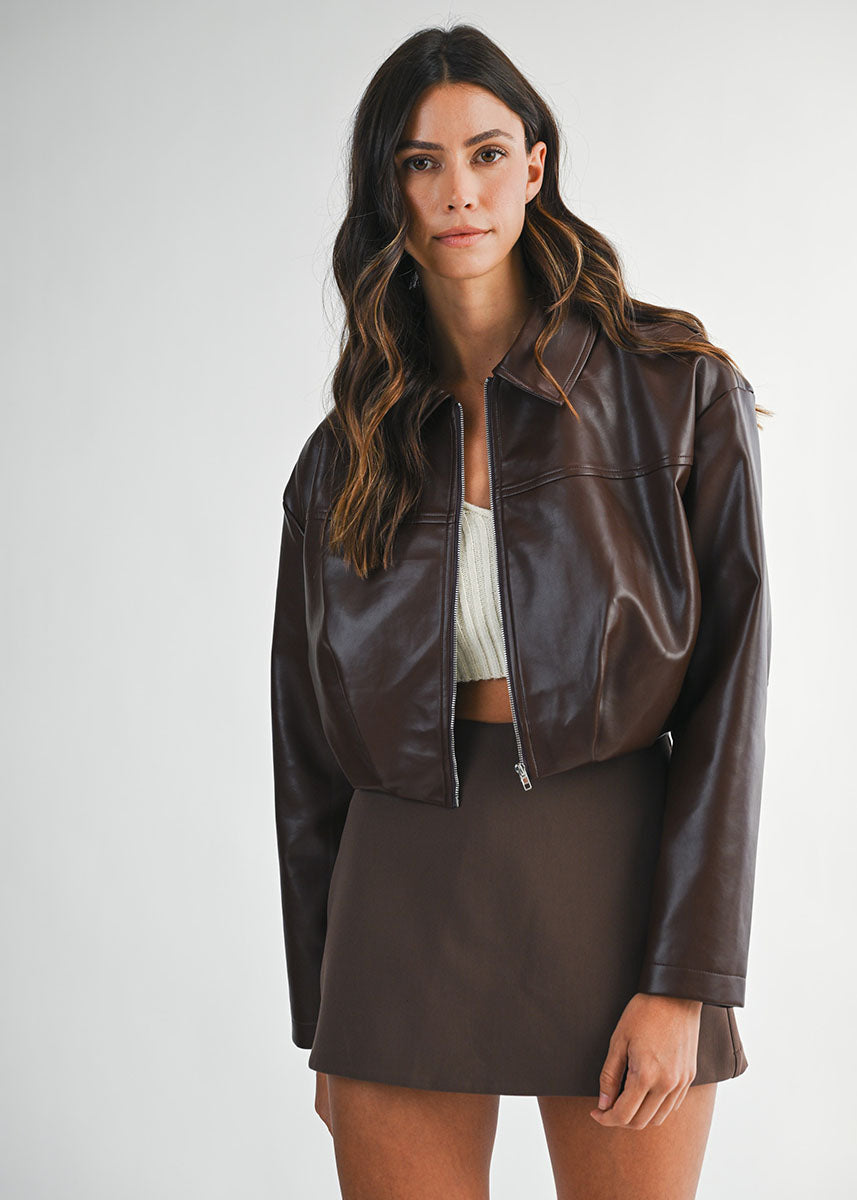 Charlie Pleated Cropped Jacket - Chocolate Brown