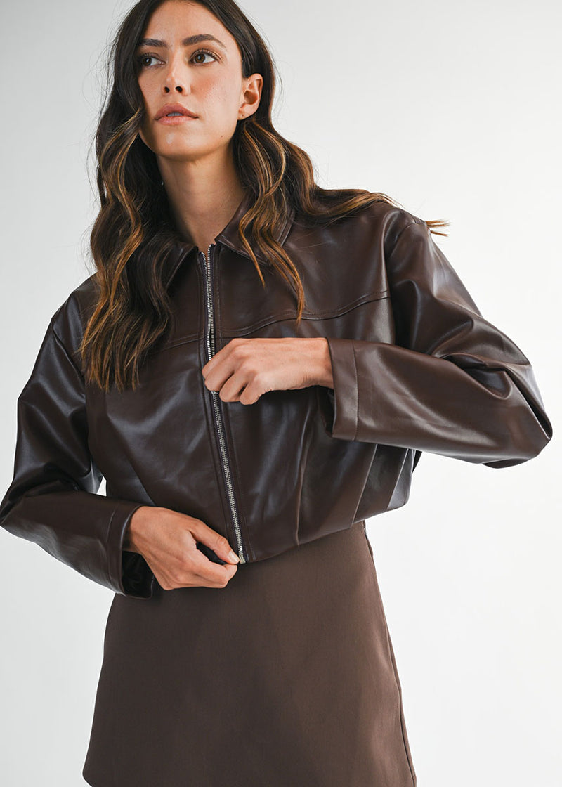 Charlie Pleated Cropped Jacket - Chocolate Brown