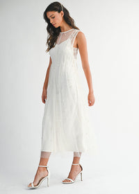 Margaret Pearl Beaded Mesh Midi Dress - Cream