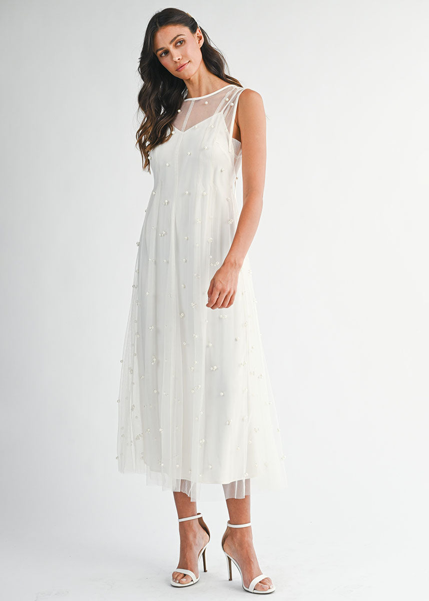 Margaret Pearl Beaded Mesh Midi Dress - Cream