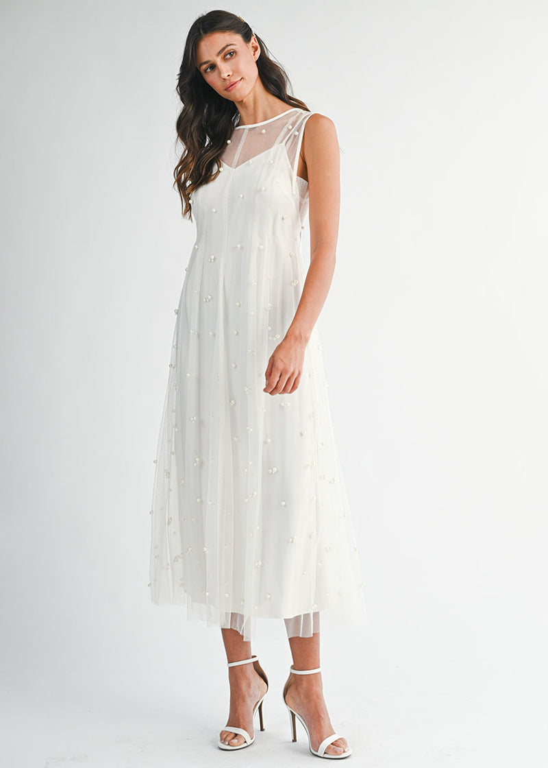 Margaret Pearl Beaded Mesh Midi Dress - Cream
