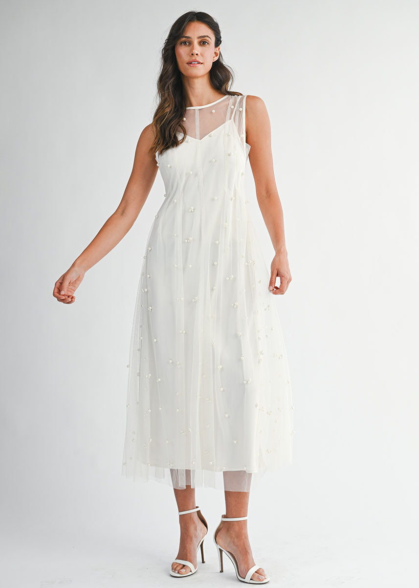 Margaret Pearl Beaded Mesh Midi Dress - Cream