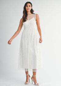 Margaret Pearl Beaded Mesh Midi Dress - Cream
