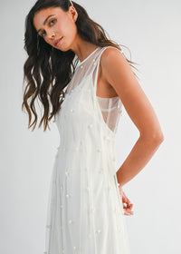 Margaret Pearl Beaded Mesh Midi Dress - Cream