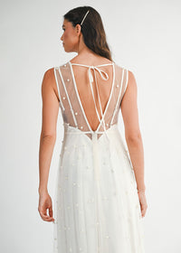 Margaret Pearl Beaded Mesh Midi Dress - Cream