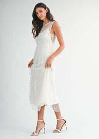 Margaret Pearl Beaded Mesh Midi Dress - Cream