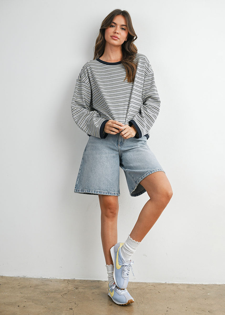 Carolyn Striped Long Sleeve Top - Grey Navy