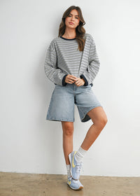 Carolyn Striped Long Sleeve Top - Grey Navy