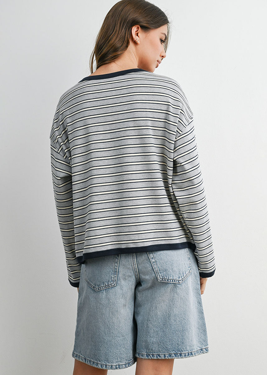Carolyn Striped Long Sleeve Top - Grey Navy