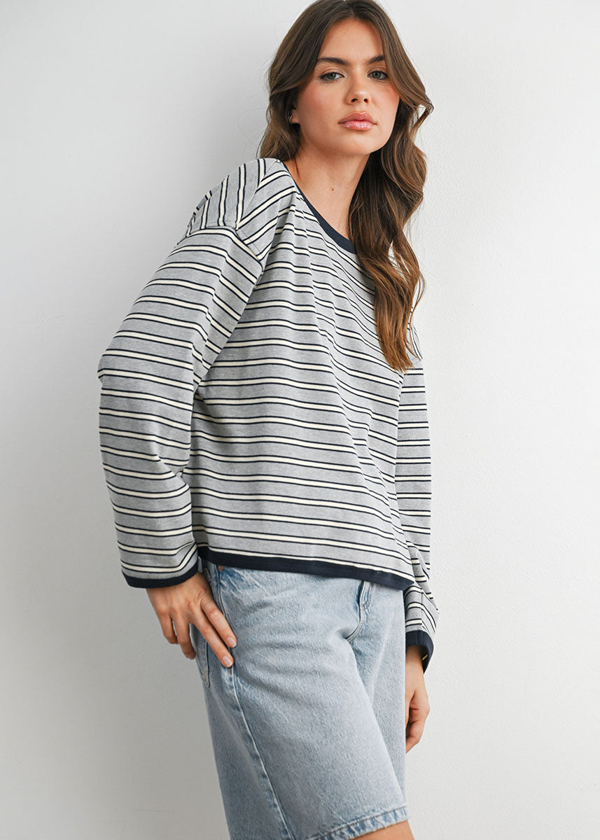Carolyn Striped Long Sleeve Top - Grey Navy