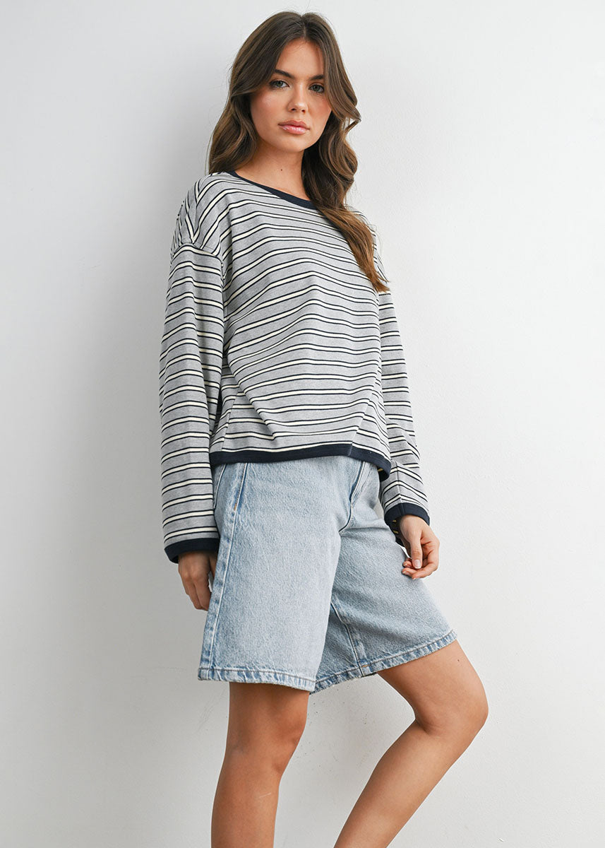 Carolyn Striped Long Sleeve Top - Grey Navy