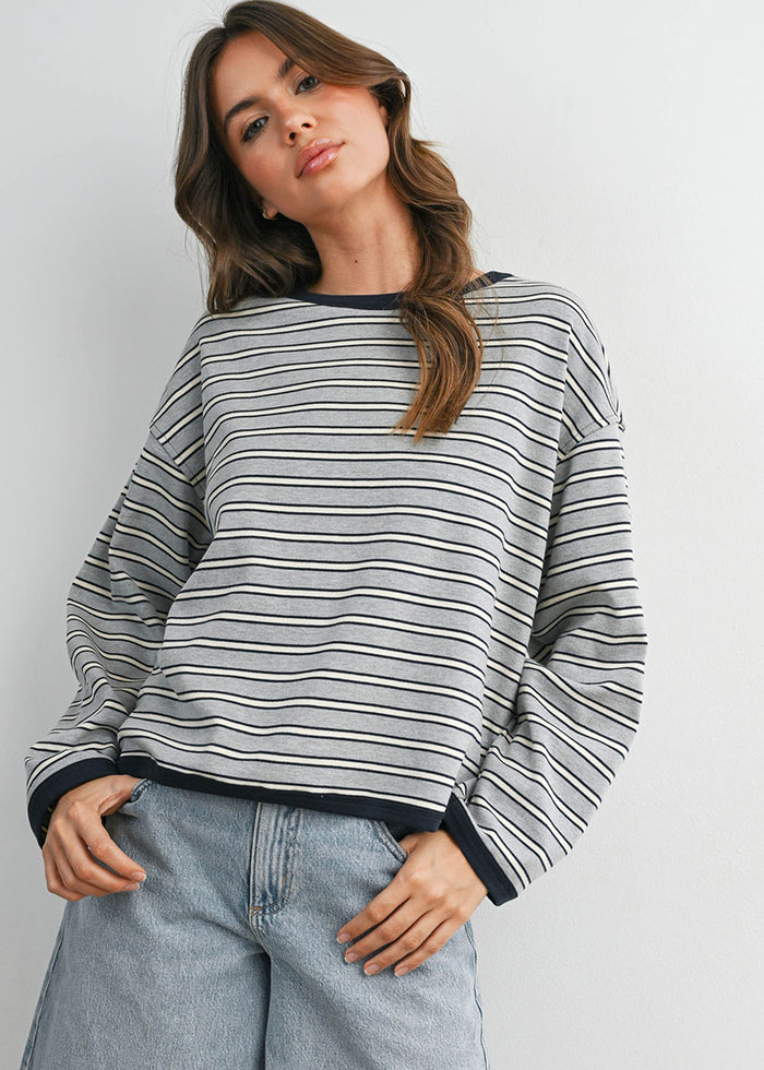 Carolyn Striped Long Sleeve Top - Grey Navy