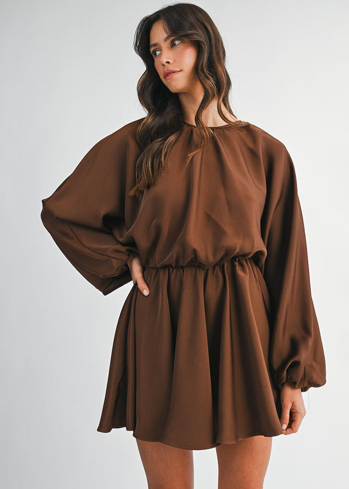 Sawyer Satin Puff Long Sleeve Mini Dress - Chocolate Brown