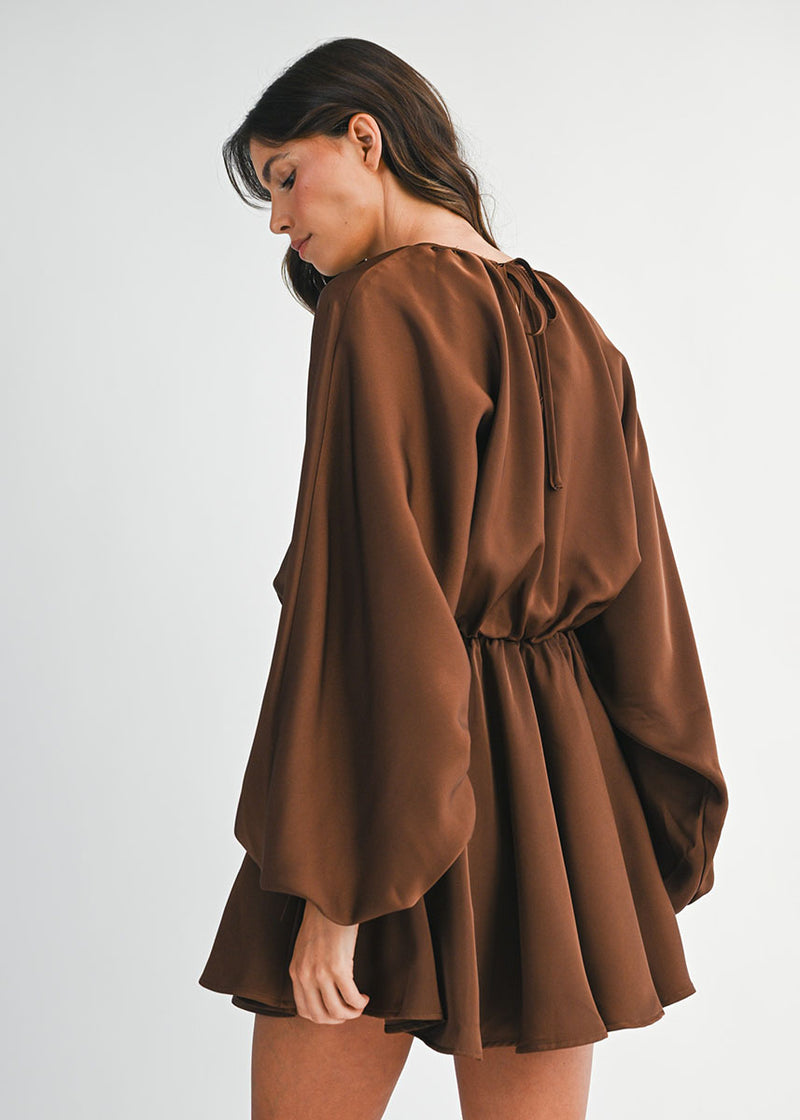 Sawyer Satin Puff Long Sleeve Mini Dress - Chocolate Brown