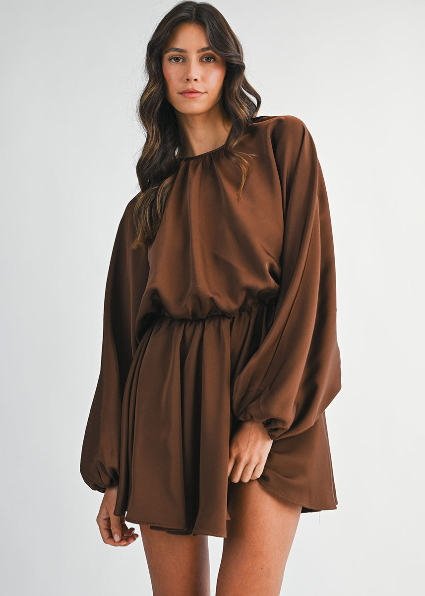 Sawyer Satin Puff Long Sleeve Mini Dress - Chocolate Brown