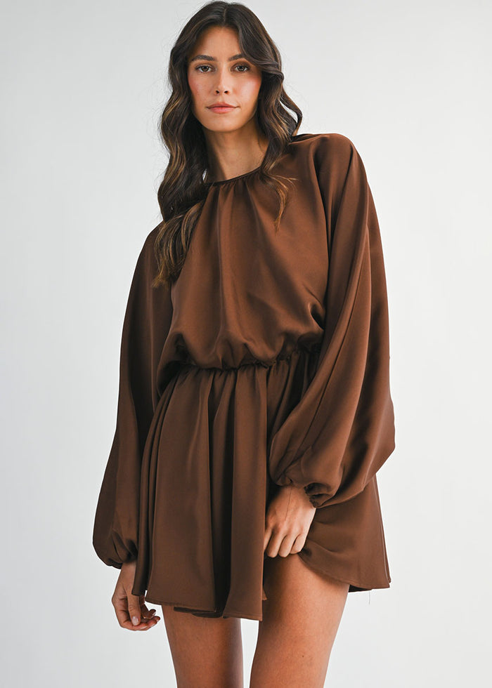 Sawyer Satin Puff Long Sleeve Mini Dress - Chocolate Brown