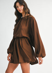 Sawyer Satin Puff Long Sleeve Mini Dress - Chocolate Brown