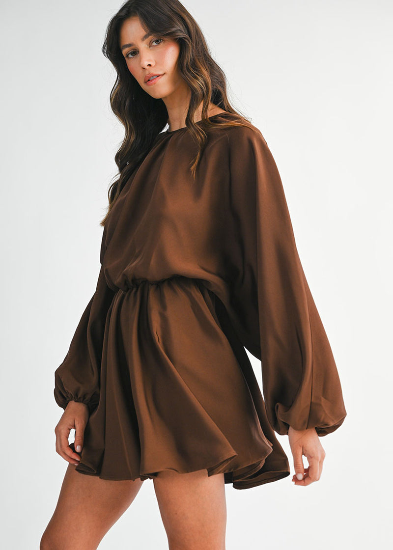 Sawyer Satin Puff Long Sleeve Mini Dress - Chocolate Brown
