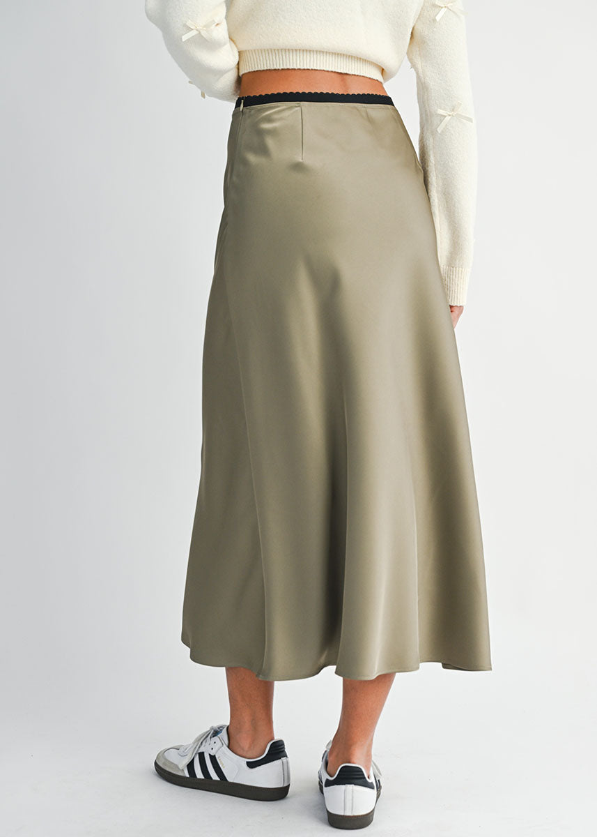 Rorie Satin Contrast Midi Skirt - Olive