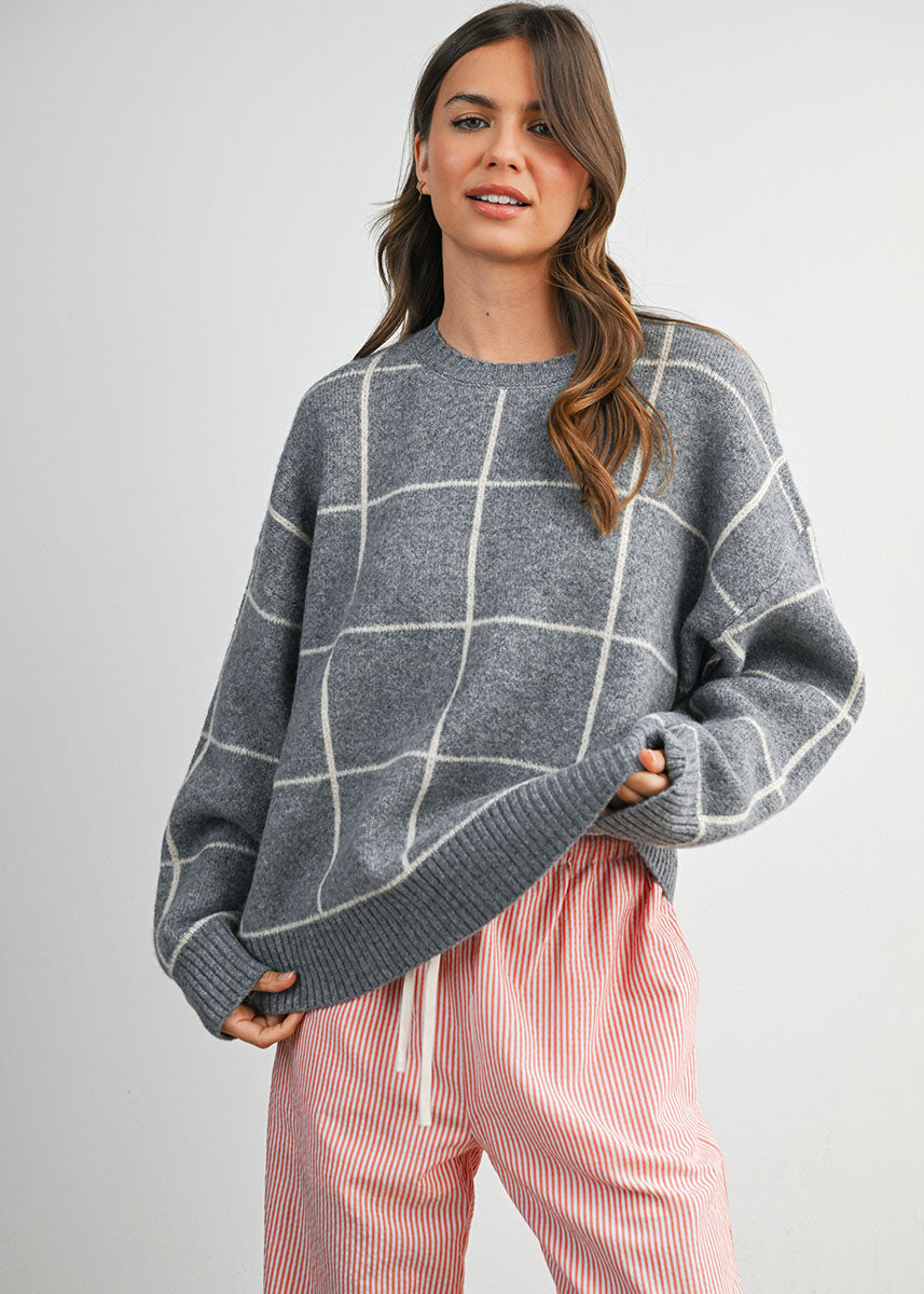Beck Checkered Crewneck Sweater - Grey Multi