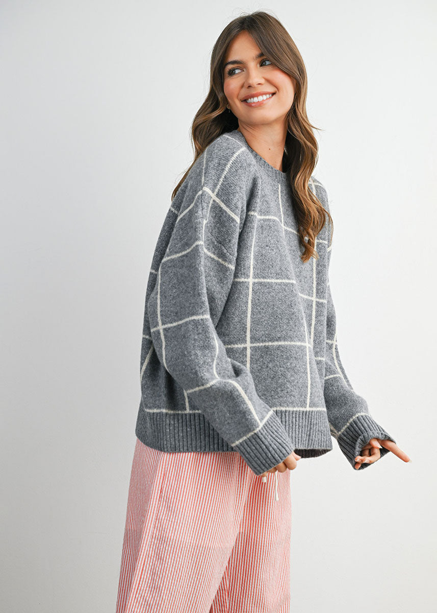 Beck Checkered Crewneck Sweater - Grey Multi