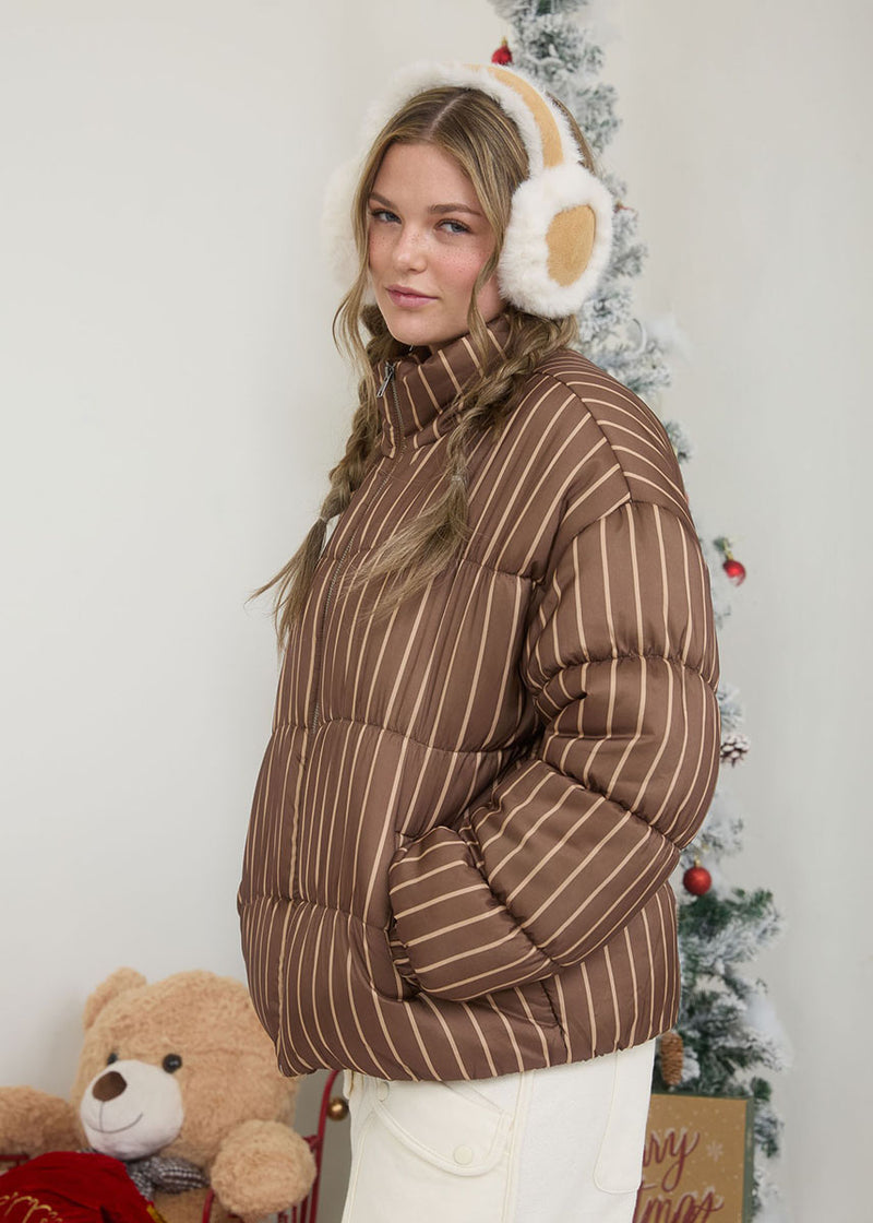 Coco Striped High Neck Puffer Jacket - Brown