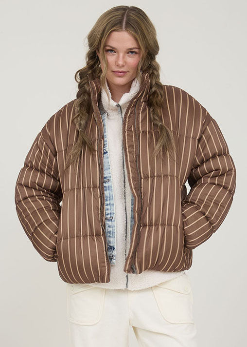 Coco Striped High Neck Puffer Jacket - Brown