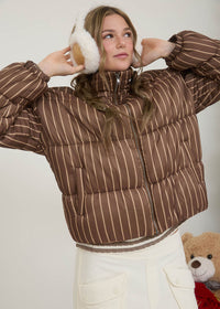 Coco Striped High Neck Puffer Jacket - Brown