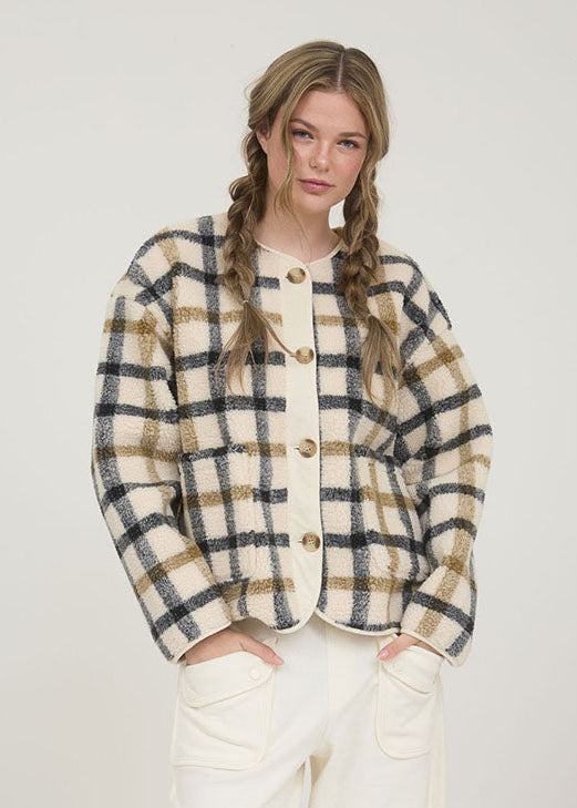 Marigold Plaid Button-Down Teddy Jacket - Cream Multi